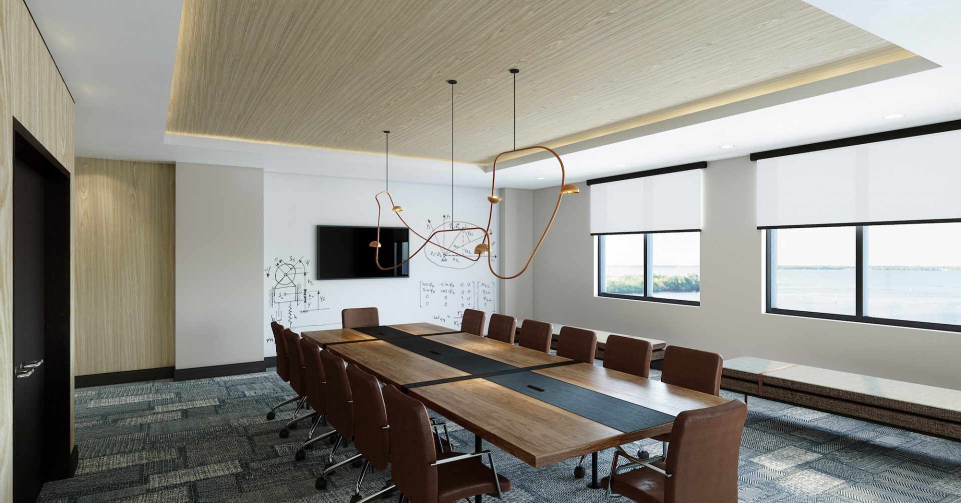 A conference room with a table and chairs