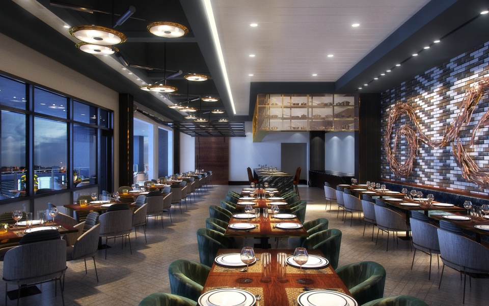 Restaurant Setting with Long Tables and Velvet Green Chairs\
