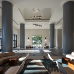 A large room with a large window