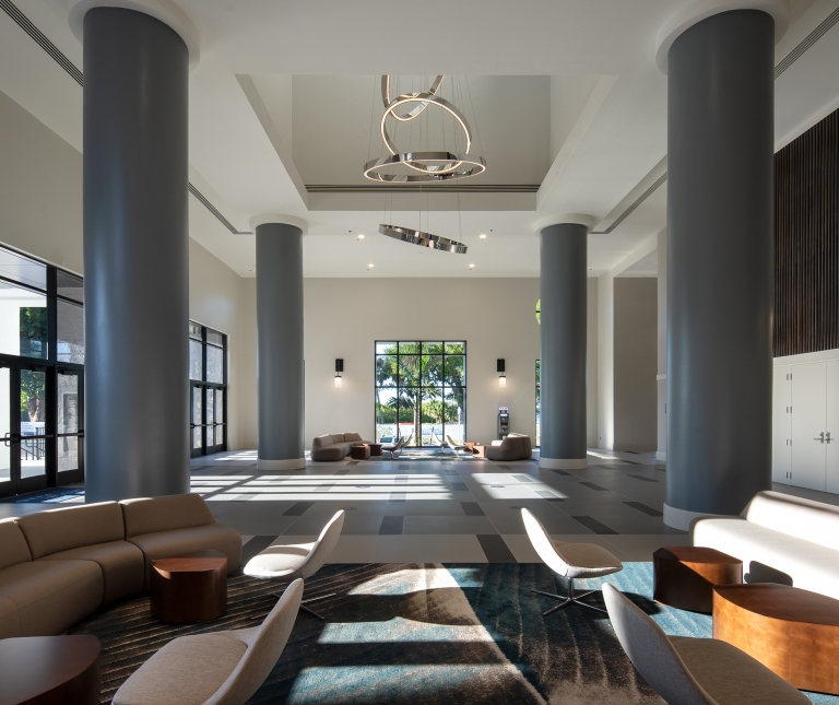 A large room with a large window