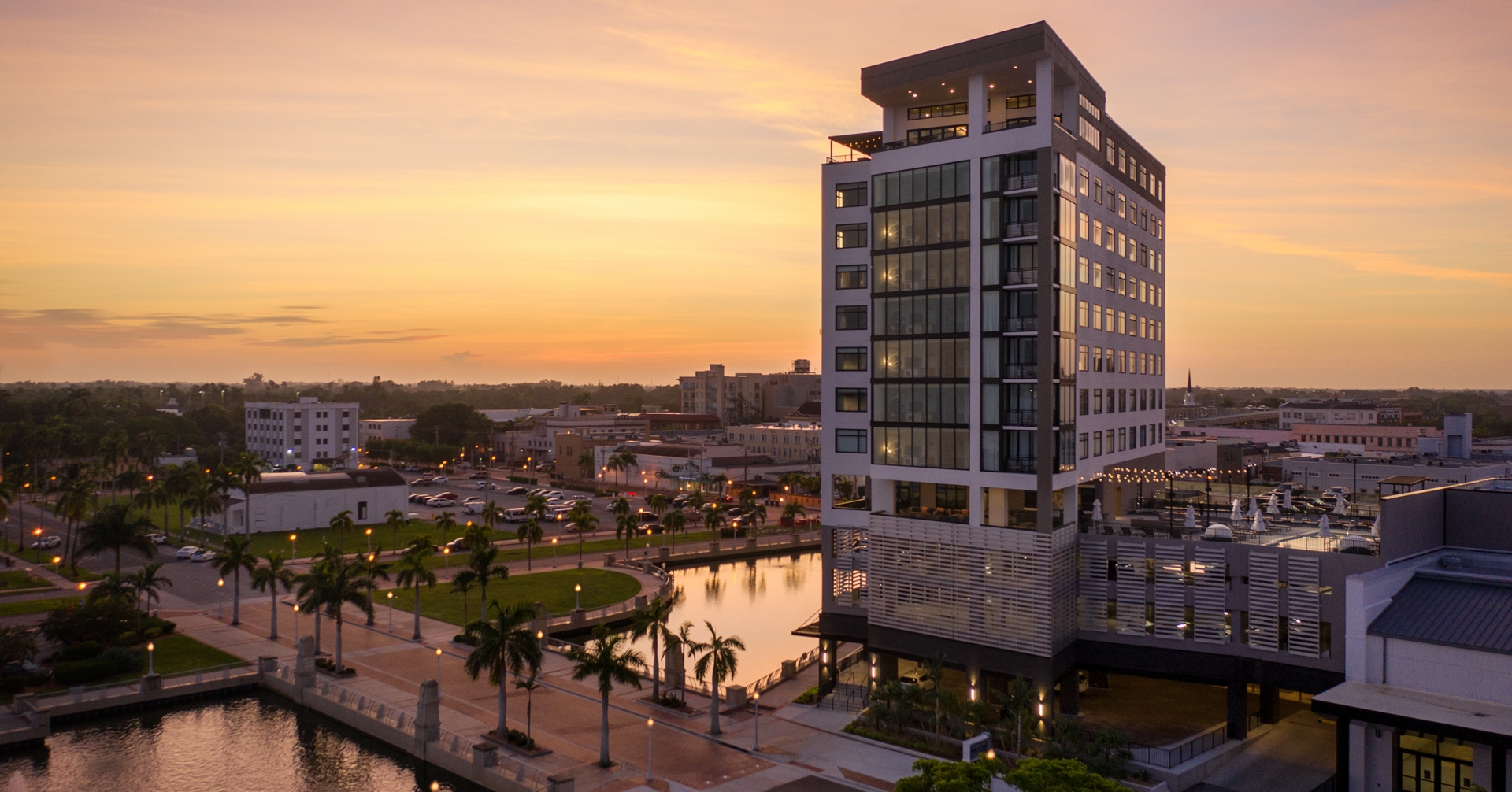 A building with a body of water